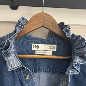 KMJ Women's Denim Ruffle Button Down Shirt